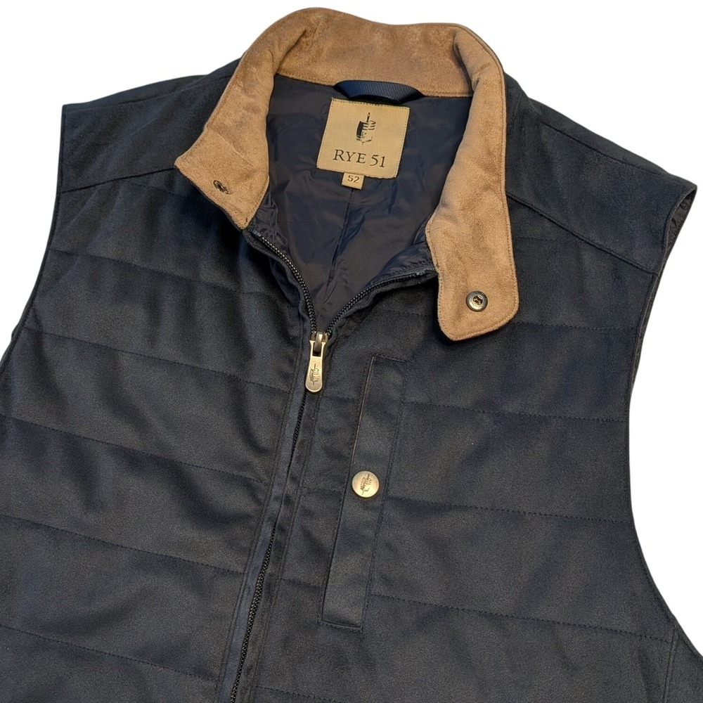Rye 51 Mens Quilted Puffer Vest Size 52 Navy Full Zip Faux Suede Trim Pockets